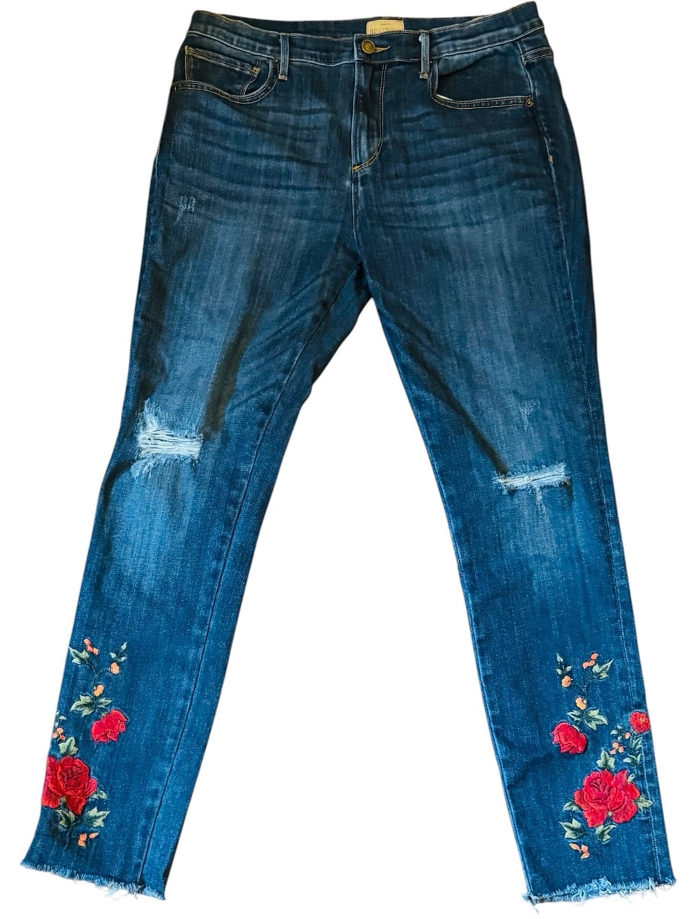 Driftwood Jackie Embroidered Distressed Jeans Rise 11" Inseam 28" Med Wash Sz 31